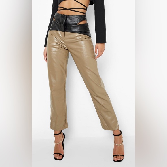 Boohoo Pants - NWT COLOR BLOCK CUT OUT FAUX
LEATHER PU PANTS SIZE 6 - Medium